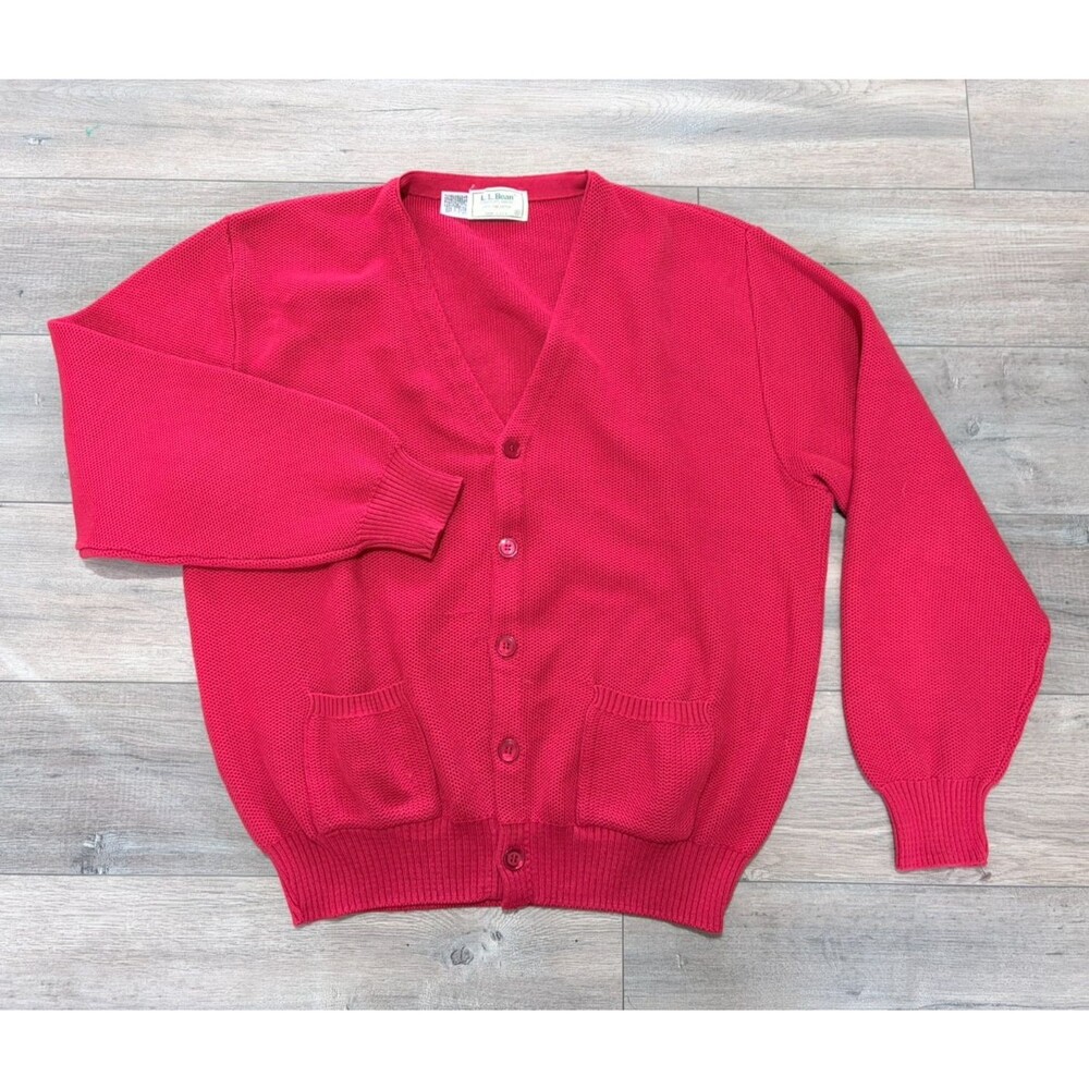 LL Bean Cardigan Sweater Mens XL Red Cotton Waffle Knit Button Pockets Vintage